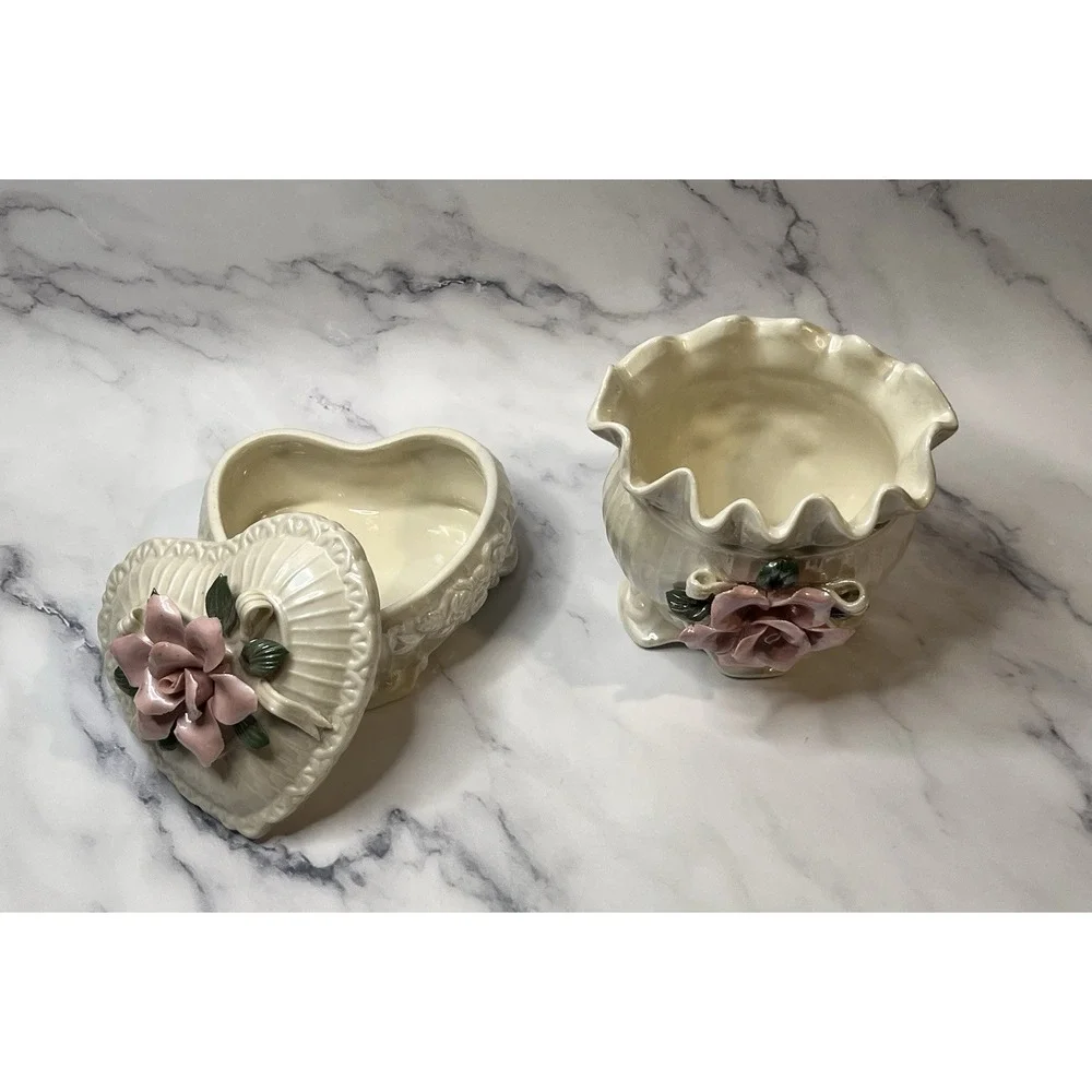 Opalescent Ceramic Vase & Trinket Box With Raised Flowers Coquette Cottage Core
